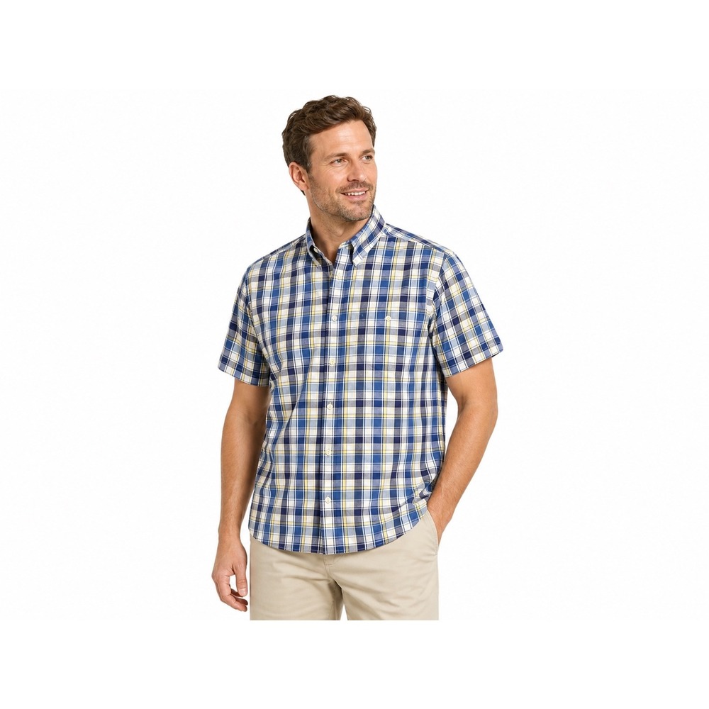 Orvis Men's Large Active Fit Button Up Shirt Blue Yellow Short‎ Sleeve Casual